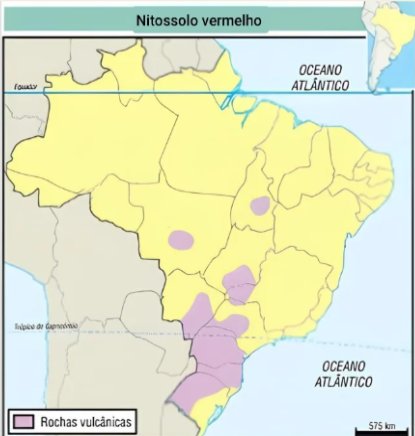 Mapa do Brasil com a distribuição do Nitossolo vermelho e as áreas de rochas vulcânicas, concentradas no Centro-Sul